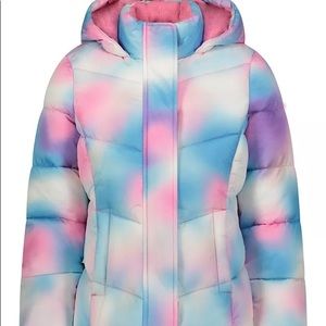 GIRLS YOUTH SIZE 14 MARBLE PRINT PUFFER WINTER JACKET
INCLUDES PINK HAT